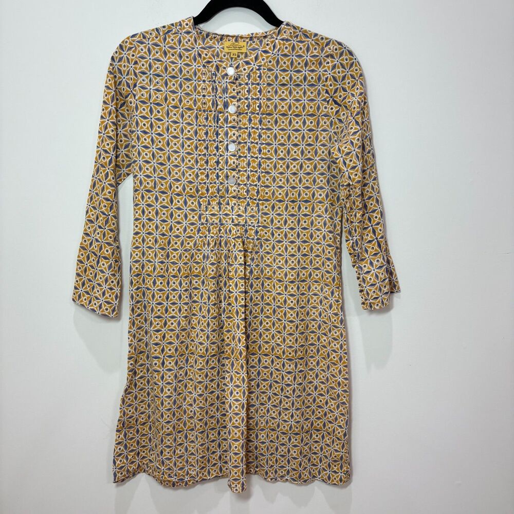 ROLLER RABBIT Yellow Tunic Dress XS Geometric Henley Lightweight Pleated Boho